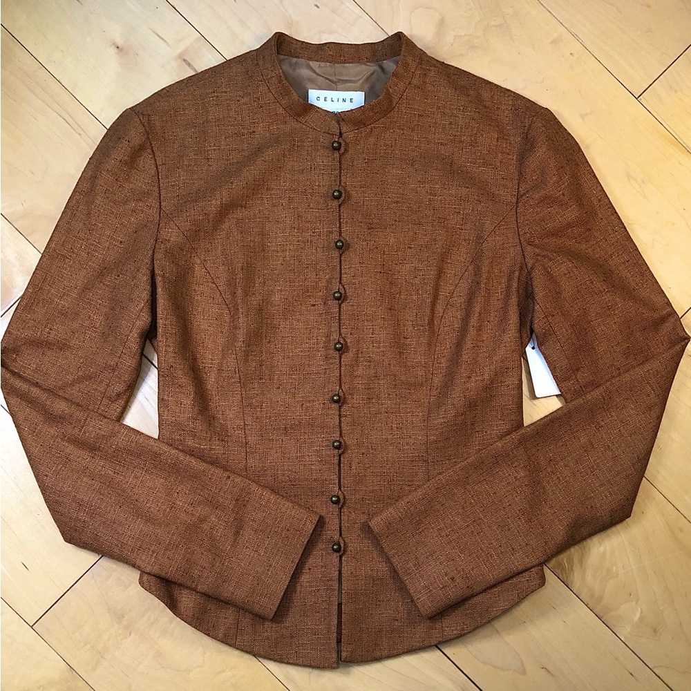 CELINE Camel silk + cashmere Military style mock neck button up jacket size 6